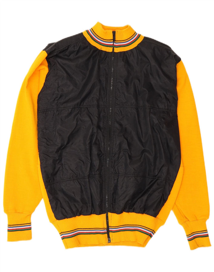 Męska dzianinowa kurtka bomber w stylu vintage UK 38 Średnia żółta wełna z blokami kolorów