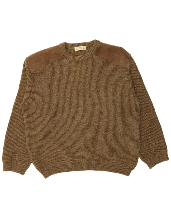 Marks & Spencer Męski sweter z okrągłym dekoltem, duża, wełniana khaki z blokami kolorów