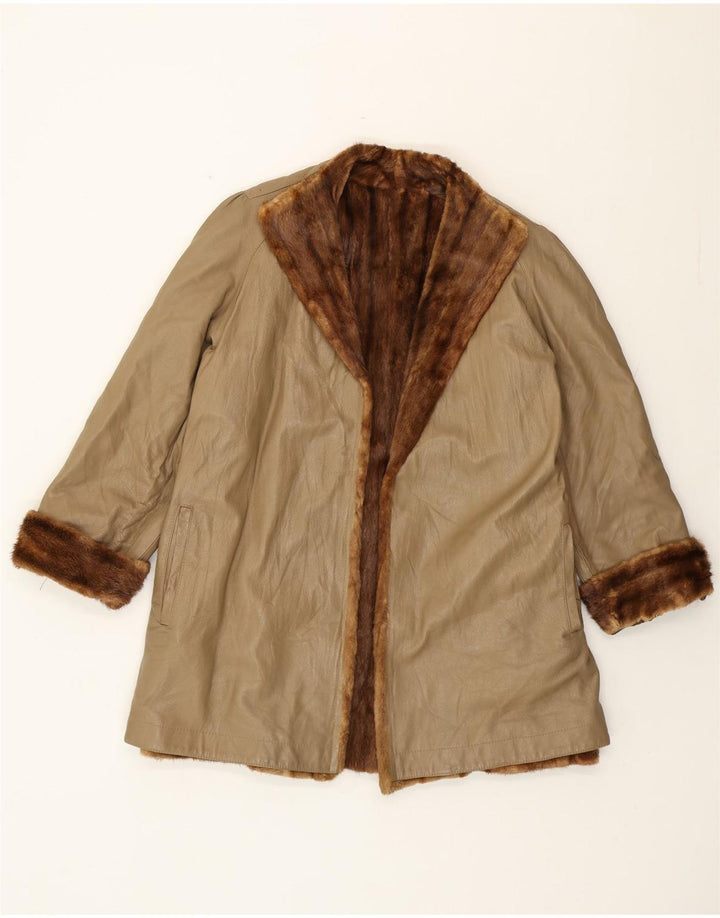 Vintage damski płaszcz skórzany z futrem UK 16, duży beż