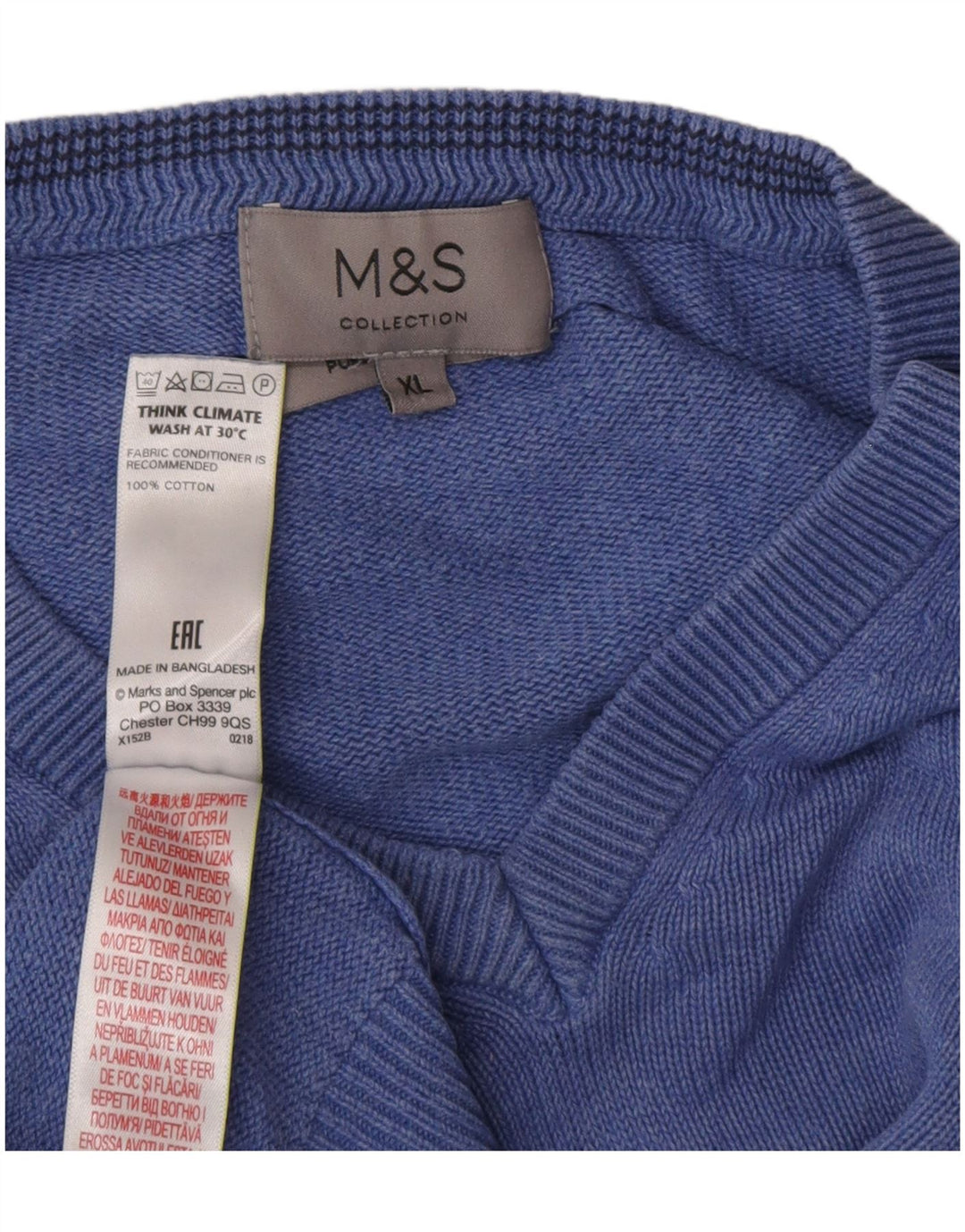 Marks & Spencer Męski sweter z dekoltem w kształcie litery V, XL, niebieski, bawełniany
