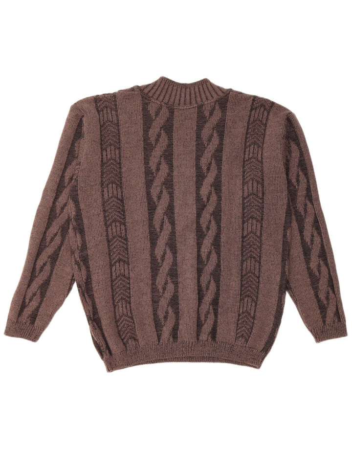 Męski sweter w stylu vintage z dekoltem w szpic, duży, brązowy, geometryczny