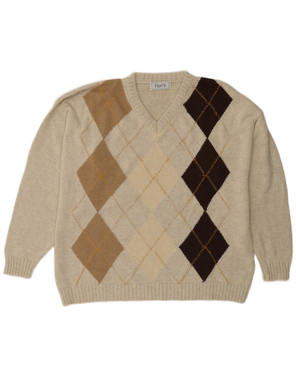 Vintage męski sweter z dekoltem w kształcie litery V, XL, beżowy, argyle/diamentowa bawełna