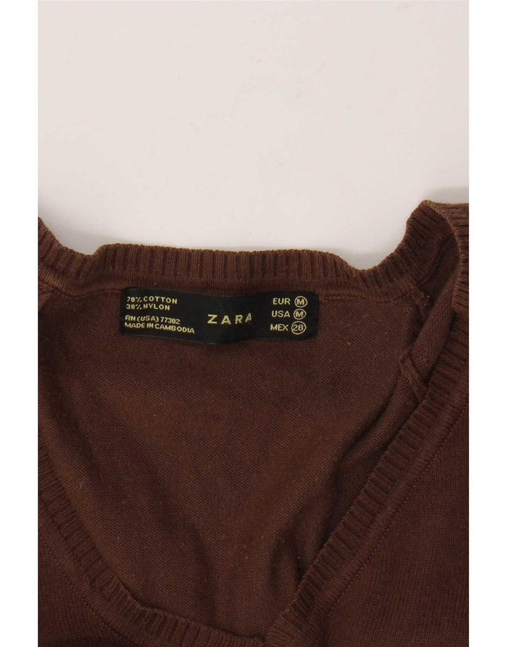 Sweter damski Zara z dekoltem w kształcie litery V, UK 12, średni brązowy, bawełniany