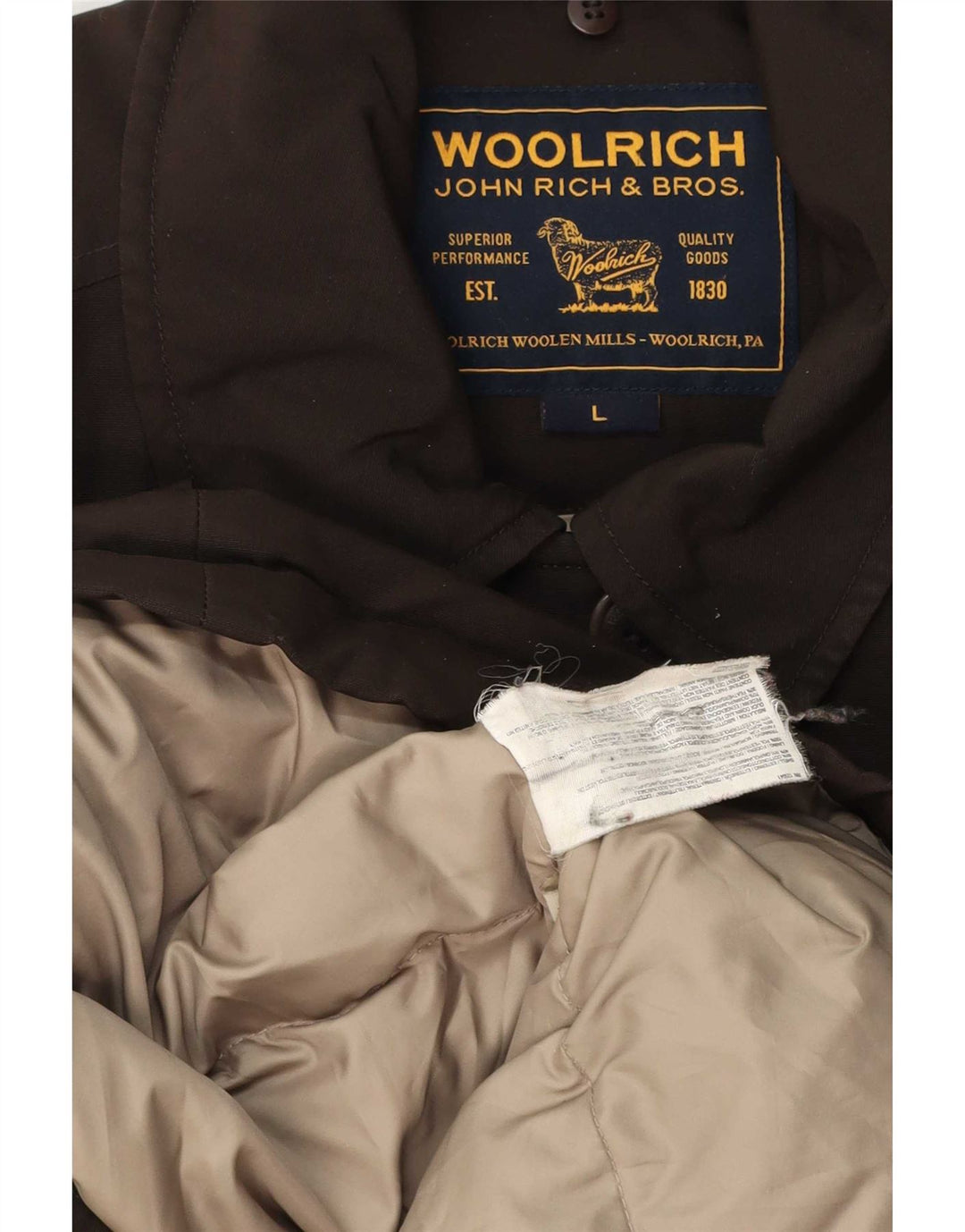 Damska ocieplana kurtka Woolrich UK 14, duża, brązowa, poliester