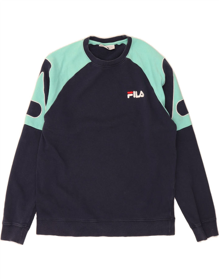 FILA Mens Sweatshirt Jumper Medium Navy Blue Colourblock Cotton Vintage Fila and Second-Hand Fila from Messina Hembry 