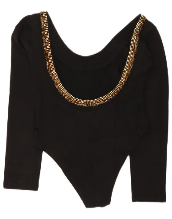 Body damskie z długim rękawem w stylu vintage, UK 12, średnia czarna bawełna