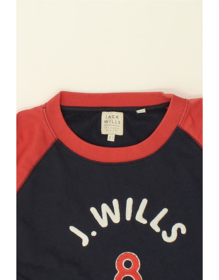 JACK WILLS Womens Graphic Sweatshirt Jumper UK 12 Medium Navy Blue Vintage Jack Wills and Second-Hand Jack Wills from Messina Hembry 