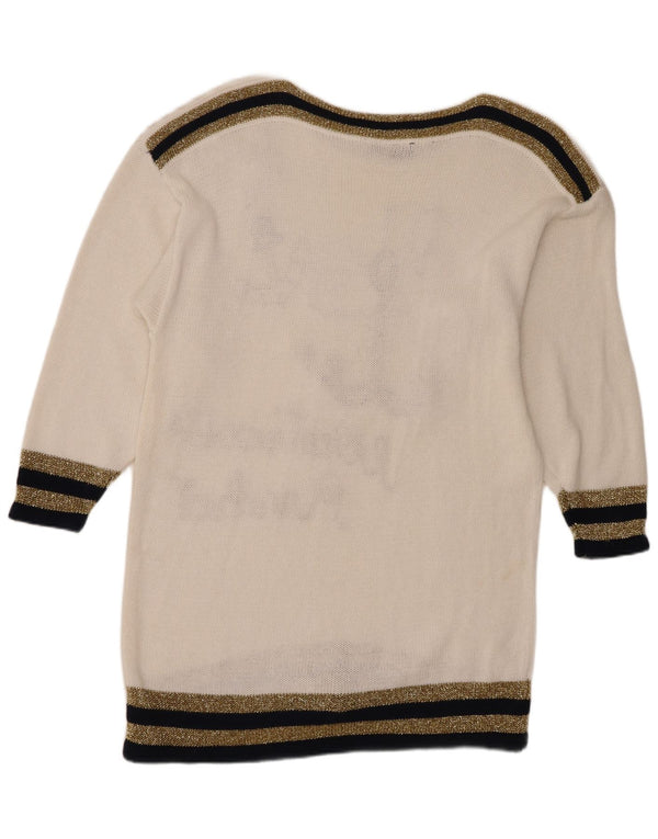 Damski sweter w stylu vintage z graficznym dekoltem w łódkę UK 16, duży, biały, morski