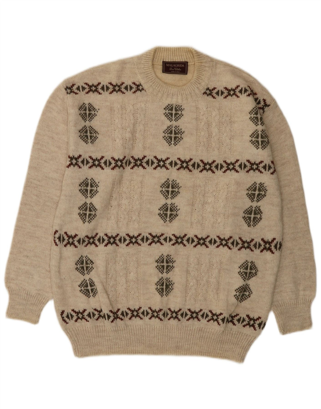 MALAGRIDA Męski sweter z okrągłym dekoltem, duży, beżowy Fair Isle