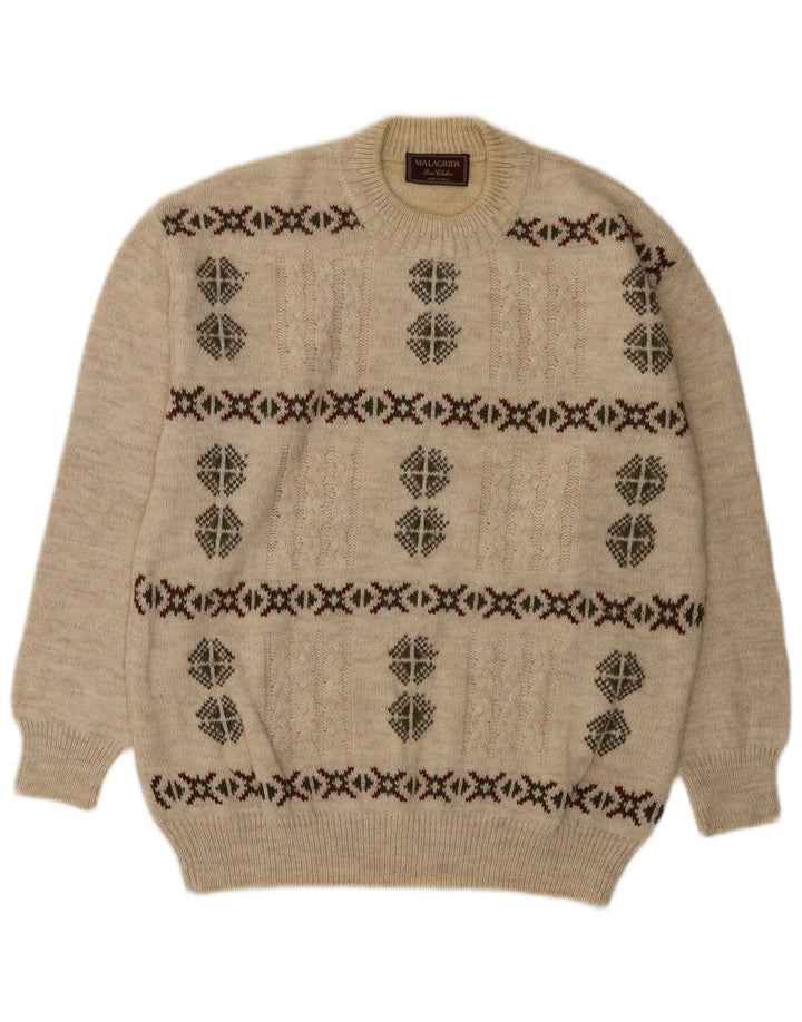 MALAGRIDA Męski sweter z okrągłym dekoltem, duży, beżowy Fair Isle