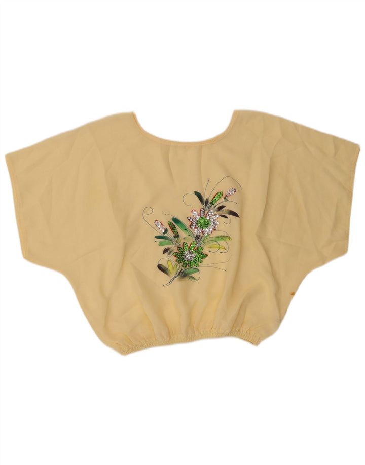 Damska bluzka w stylu vintage, krótka bluzka UK 16, duża, beżowa, z kwiatowym poliestrem