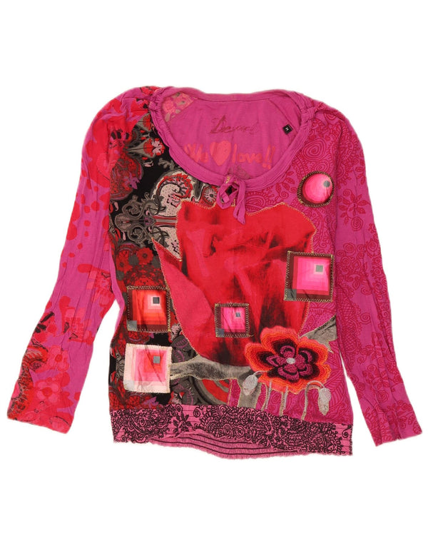 Desigual damski top graficzny z długim rękawem, UK 14, średni różowy, bawełniany w kwiaty