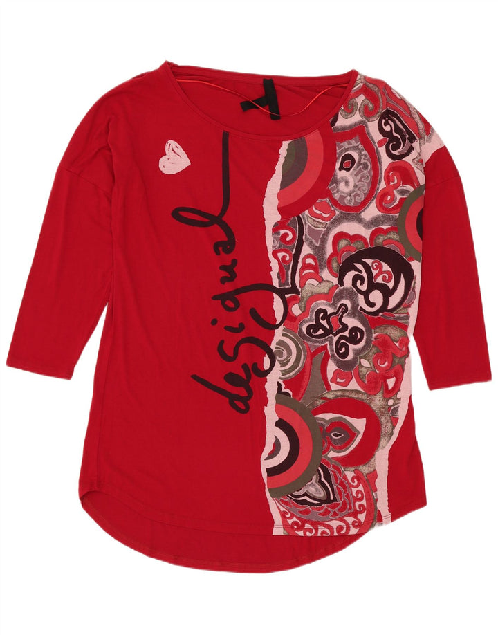 Damski graficzny top DESIGUAL z rękawem 3/4 UK 14, średni czerwony, wiskoza