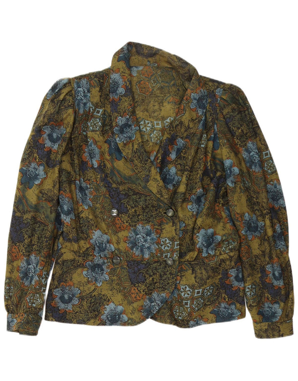 Vintage damski kardigan z długim rękawem Top UK 14, duży, zielony, kwiatowy, retro