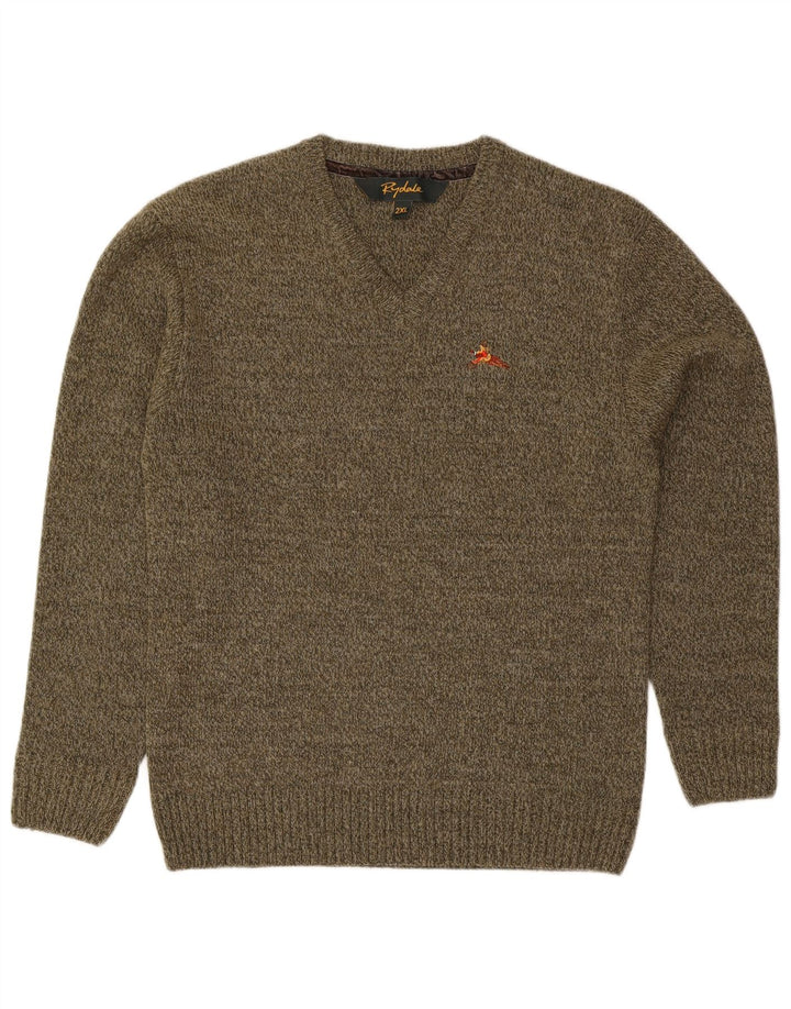 Męski sweter Rydale z dekoltem w kształcie litery V, 2XL, wełna w kolorze khaki
