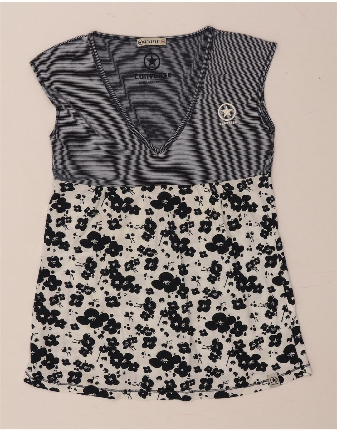 CONVERSE Damska bluzka bez rękawów Top UK 12 Średni granatowy, bawełniany w kwiaty