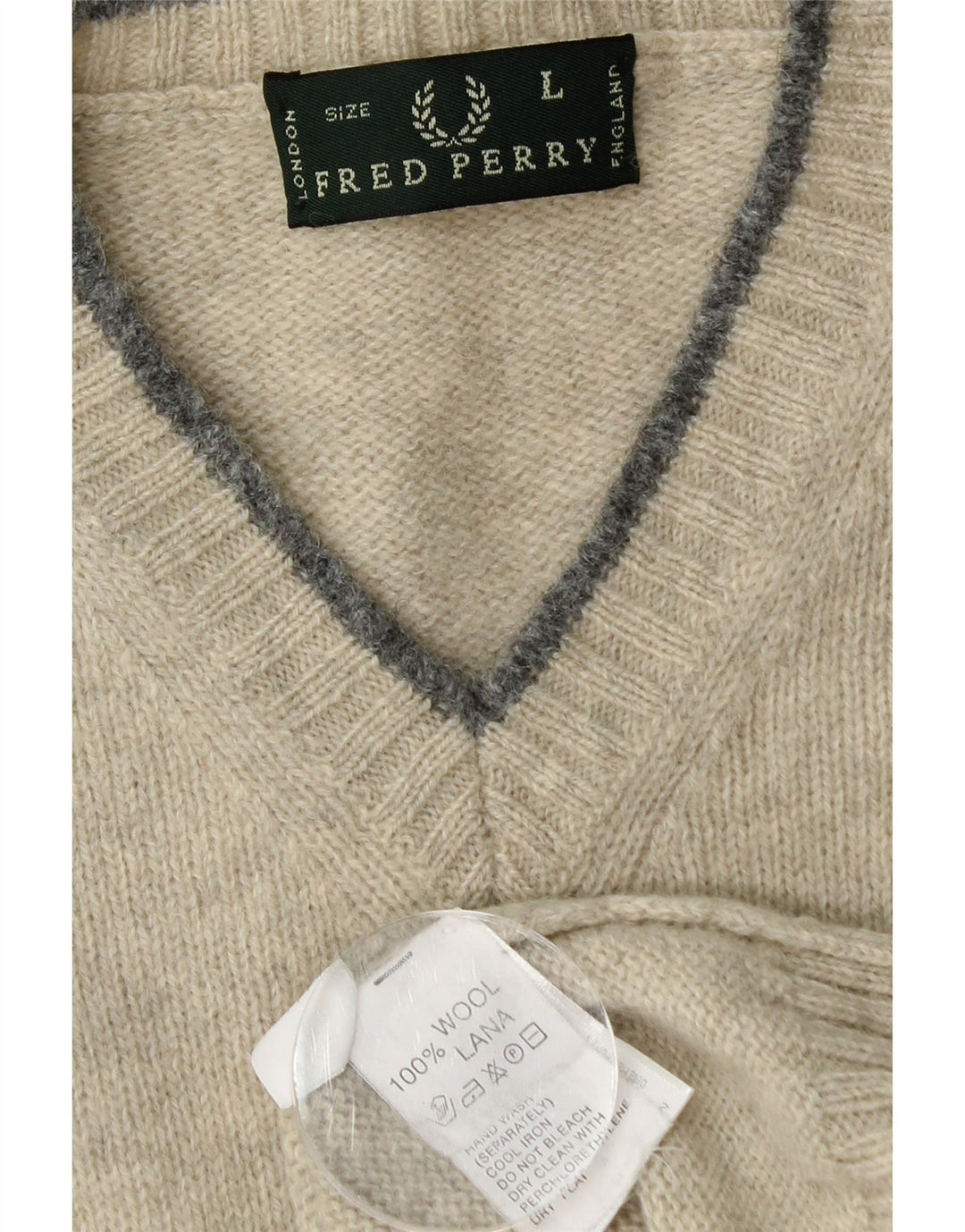FRED PERRY Męski sweter z dekoltem w kształcie litery V, duży, zielony, wełniany