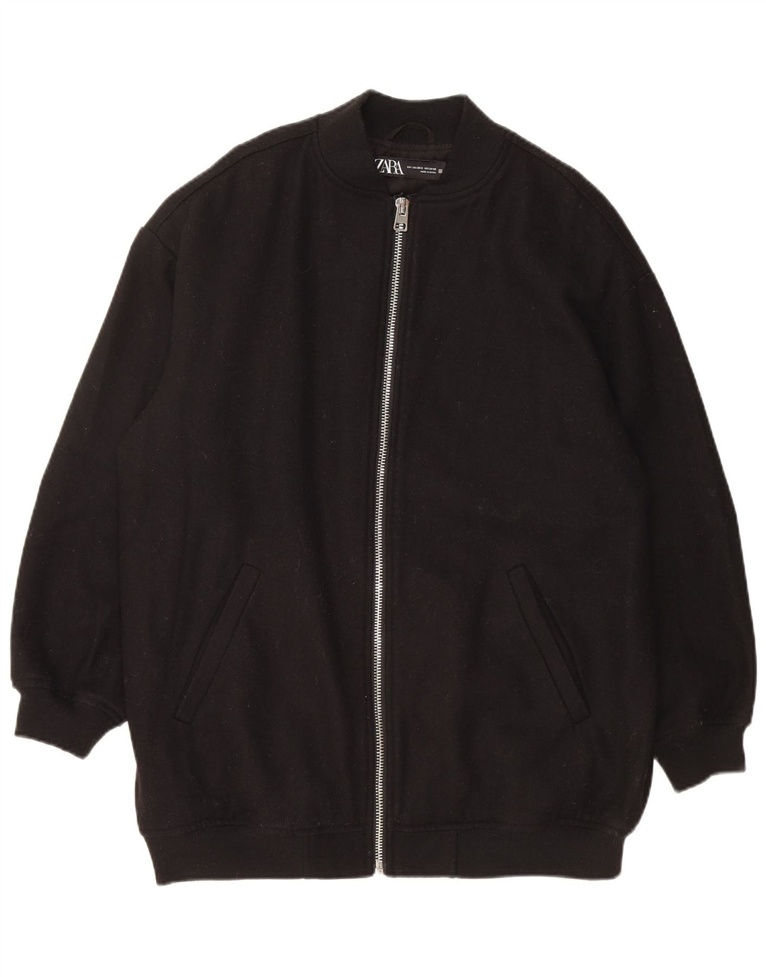 ZARA Mens Loose Fit Bomber Jacket UK 34 XS Black Wool