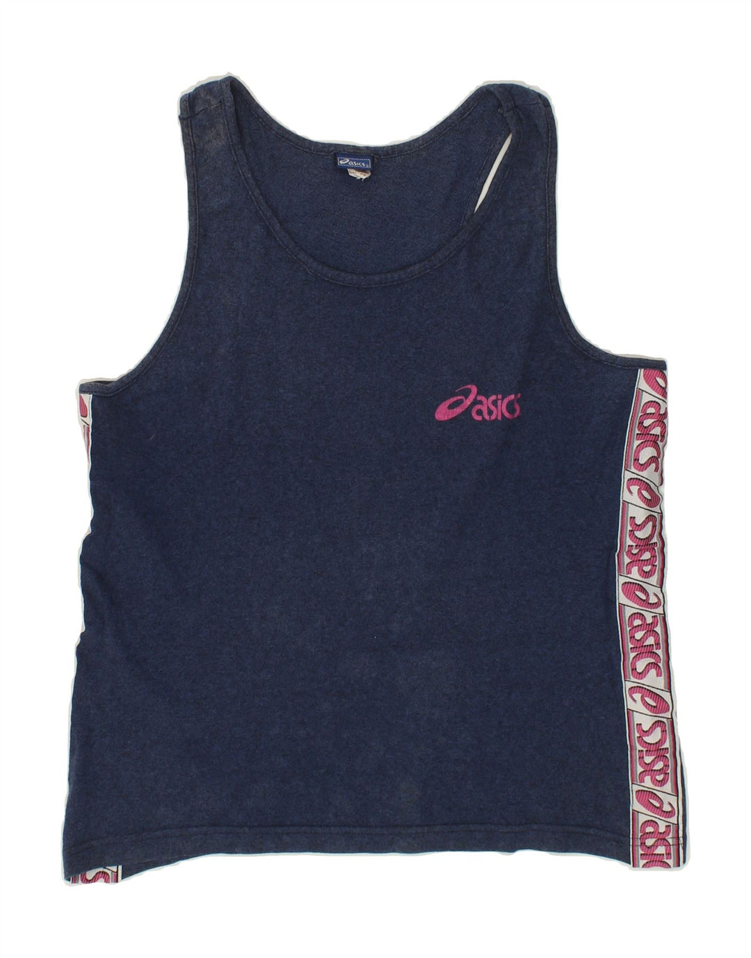 ASICS Womens Graphic Vest Top UK 12 Medium Navy Blue Cotton Vintage Asics and Second-Hand Asics from Messina Hembry 
