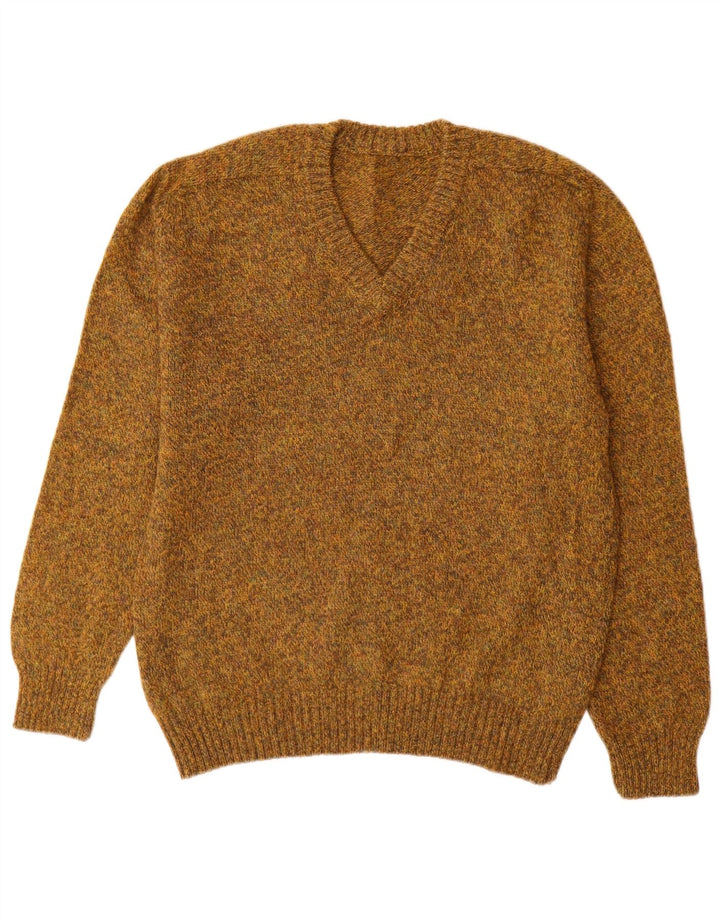 Męski sweter w stylu vintage z dekoltem w szpic, duży, wełniany khaki