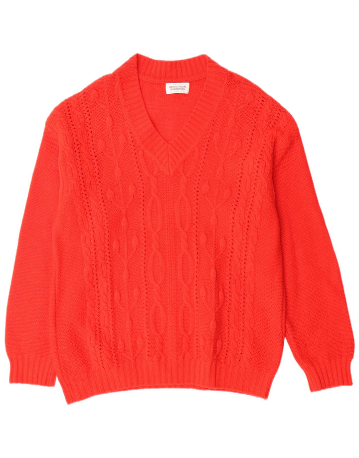 BENETTON Męski sweter z dekoltem w kształcie litery V, duży, z czerwonej wełny dziewiczej