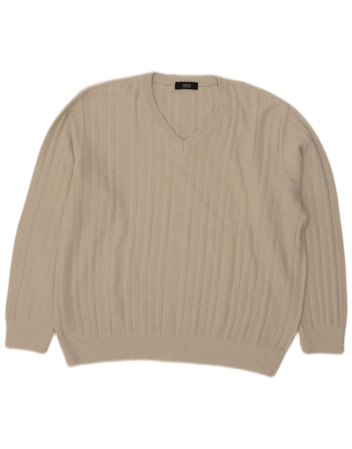 Marks & Spencer Męski sweter z dekoltem w kształcie litery V, duży, beżowy, akrylowy