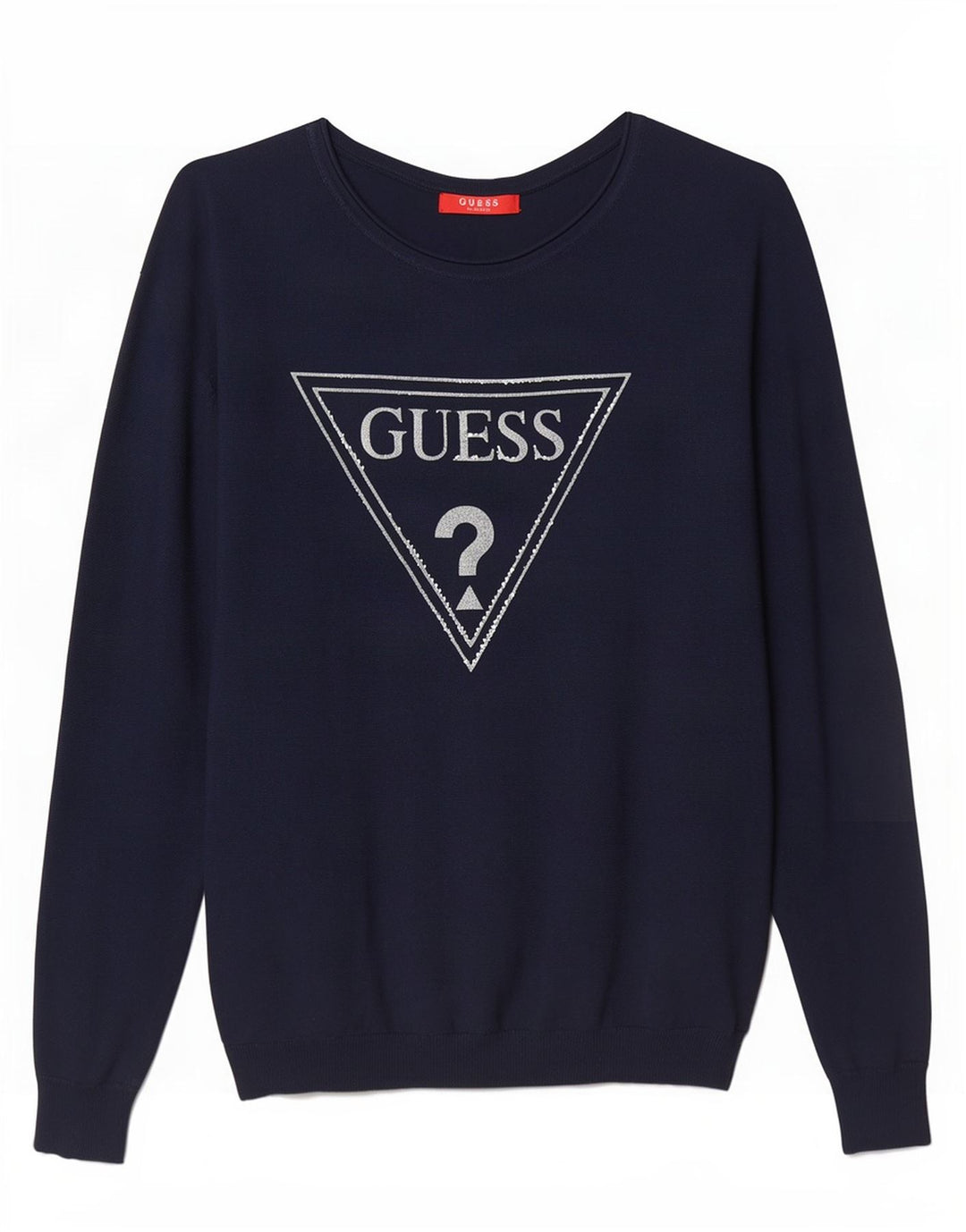 Damski sweter Guess z graficznym dekoltem w łódkę, UK 14, średni granatowy