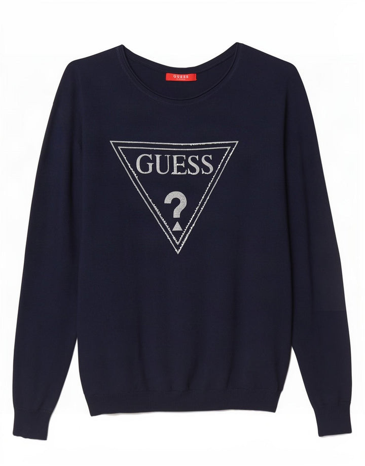 Damski sweter Guess z graficznym dekoltem w łódkę, UK 14, średni granatowy