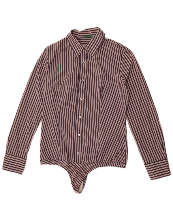 Benetton Womens Long Sleeve Bodysuit UK 14 Large Navy Blue Striped