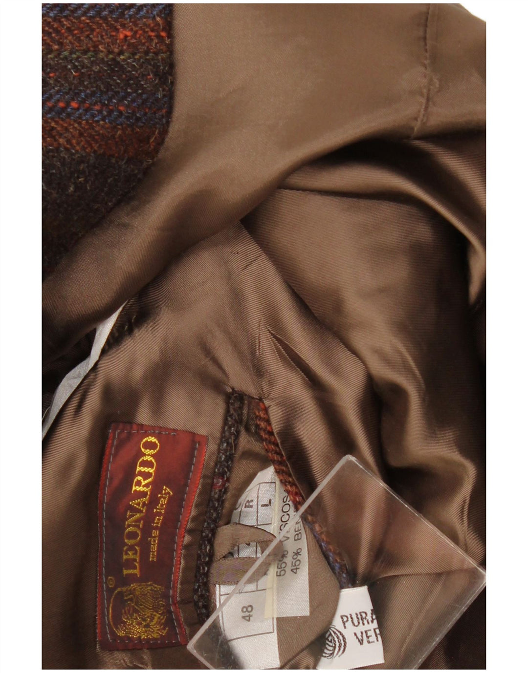 Męska marynarka zapinana na 2 guziki Leonardo IT 48 Średni brązowa wełniana kratka