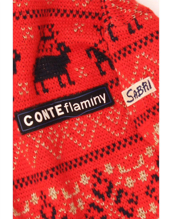 Vintage męski sweter z okrągłym dekoltem, duży, czerwony, wełniany Fair Isle