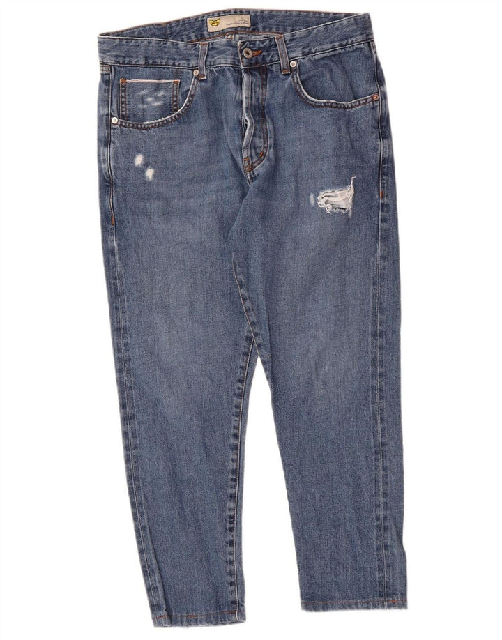 POP 84 Mens Slim Distressed Cropped Jeans W33 L26 Blue Cotton