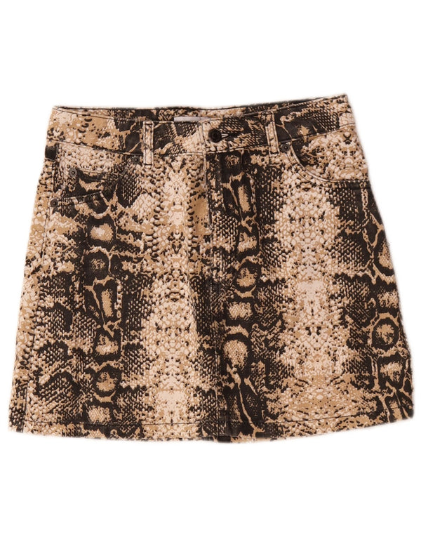 Topshop damska mini spódniczka dżinsowa UK 8 mała W28 beżowa bawełna z nadrukiem zwierzęcym