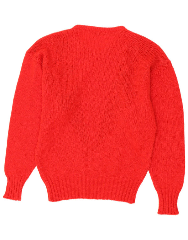 Sweter damski w stylu vintage z okrągłym dekoltem UK 14, średni czerwony moher w blokach kolorów