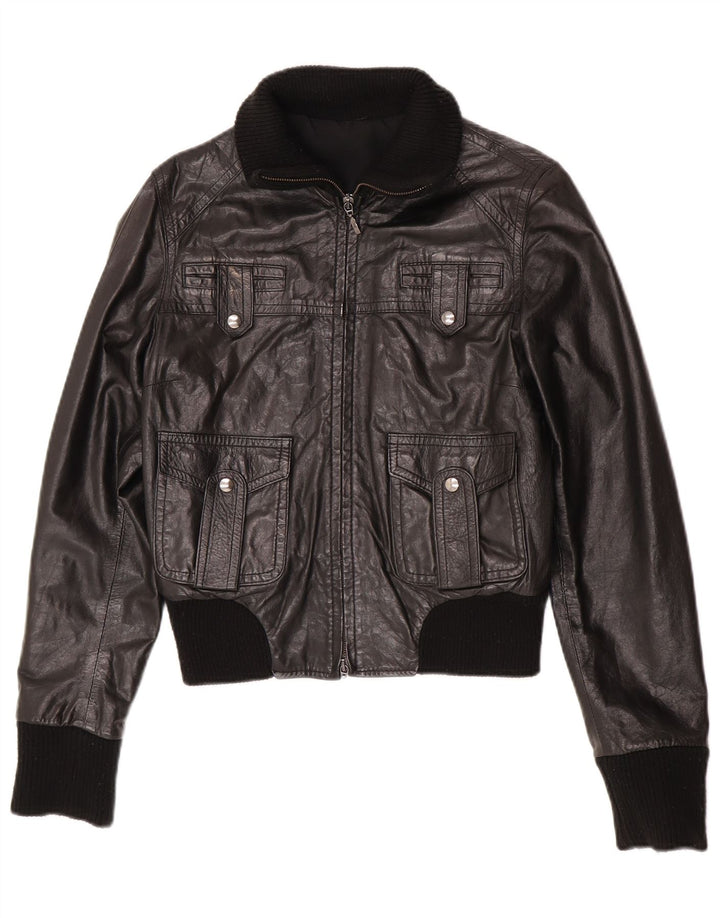Damska skórzana kurtka bomber w stylu vintage IT 44, średnia czarna skóra