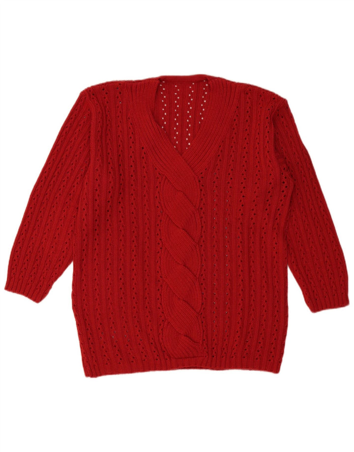 Sweter damski w stylu vintage z dekoltem w kształcie litery V, UK 16, duży czerwony
