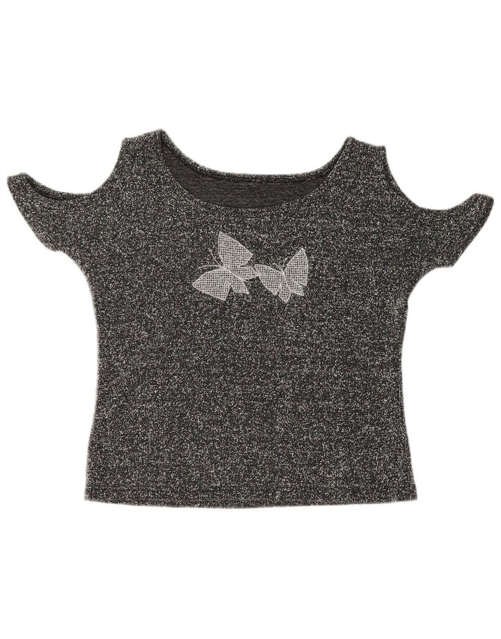 Damski top z odkrytymi ramionami w stylu VINTAGE UK 12, średni szary, nakrapiany motyl