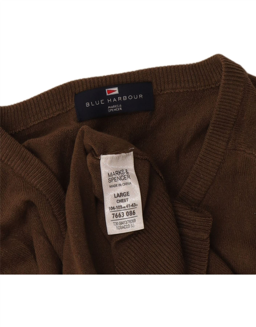 Marks & Spencer Męski sweter w kolorze niebieskim z dekoltem w kształcie litery V, duży, brązowy, akrylowy