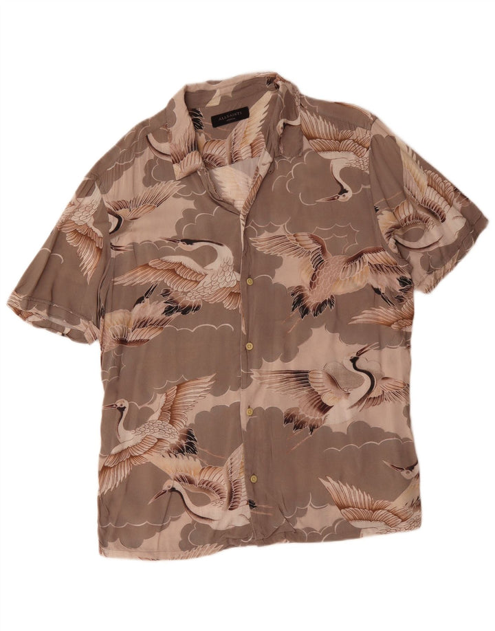 Męska koszula z krótkim rękawem All Saints, średnioszara, z nadrukiem zwierzęcym, wiskozowym ptakiem