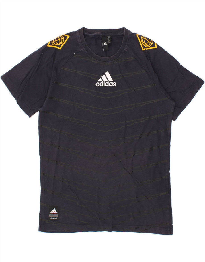 ADIDAS Mens Graphic T-Shirt Top Small Navy Blue Striped Vintage Adidas and Second-Hand Adidas from Messina Hembry 