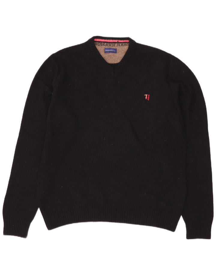 TRUSSARDI JEANS Męski sweter z dekoltem w kształcie litery V, duży, czarny, wełniany
