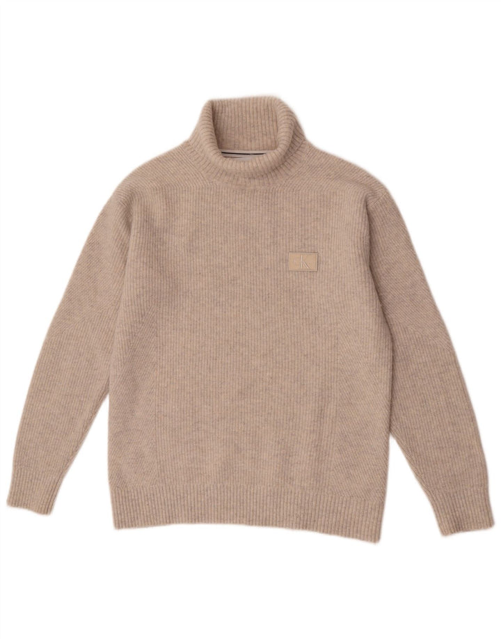 Męski sweter z wywijanym dekoltem Calvin Klein Jeans, średnio beżowy, wełniany