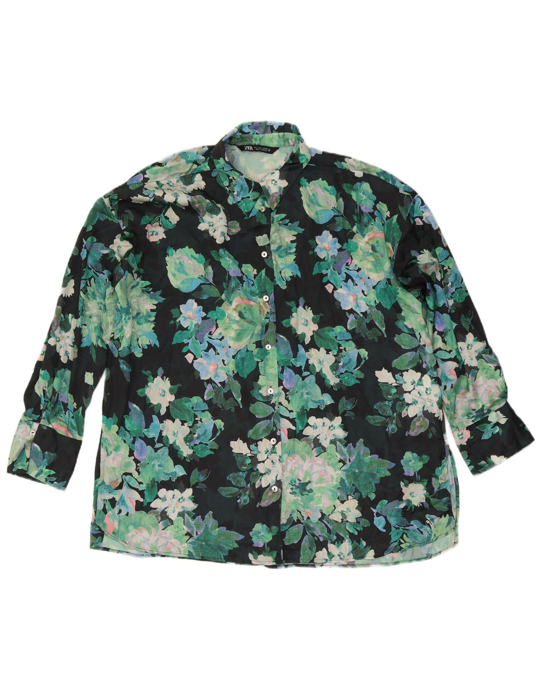 Damska bluzka koszulowa oversize Zara UK 16, duża, zielona w kwiaty, poliester