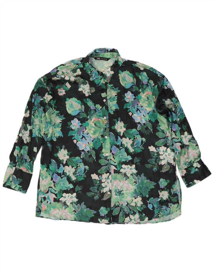 Damska bluzka koszulowa oversize Zara UK 16, duża, zielona w kwiaty, poliester