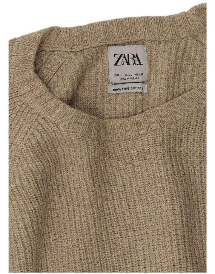 Sweter damski Zara z okrągłym dekoltem, duży, beżowy, bawełniany
