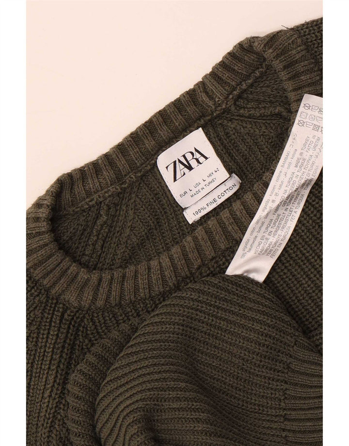 Męski sweter Zara z okrągłym dekoltem, duży, zielony, bawełniany