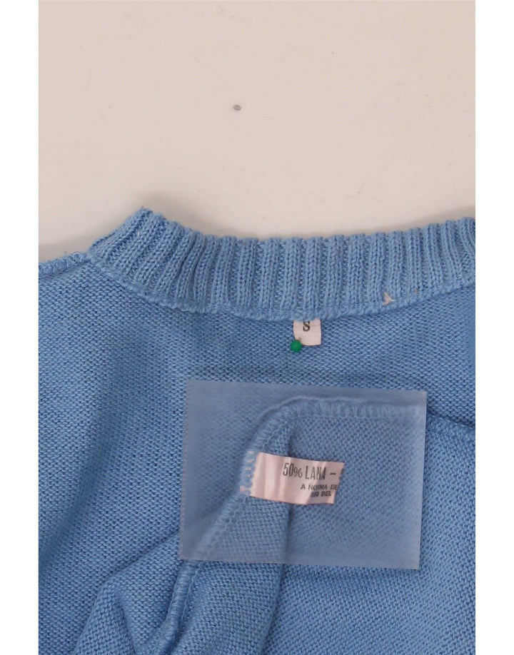 Vintage męski sweter z okrągłym dekoltem, mały, niebieski, geometryczny wełniany