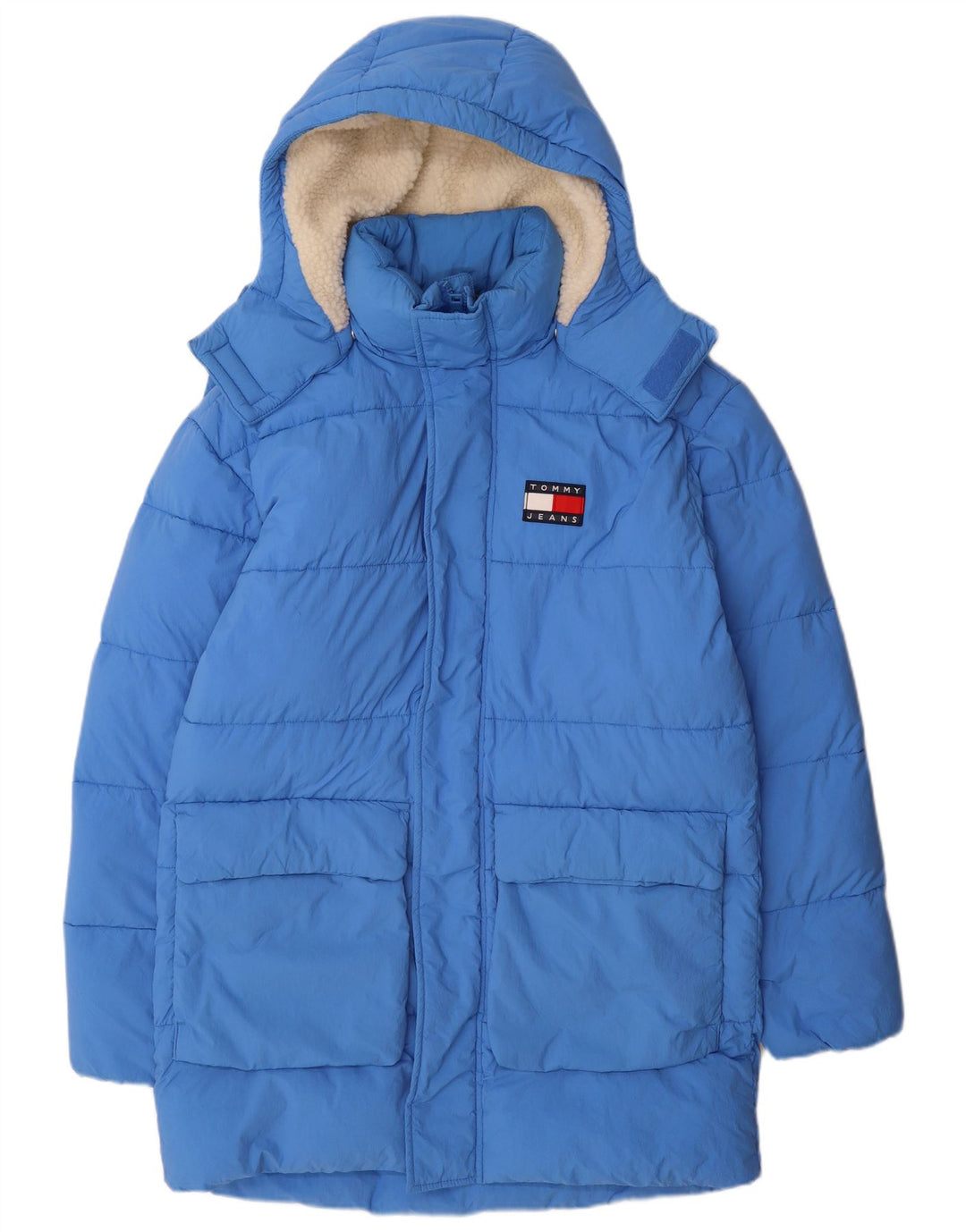 Męski ocieplany płaszcz z kapturem Tommy Hilfiger UK 36 Small Blue Poliamid