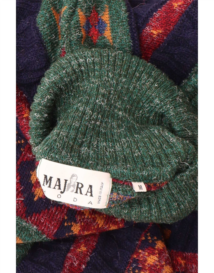 Vintage męski sweter z wywijanym dekoltem, średnio zielony, geometryczny, wełniany alpaka