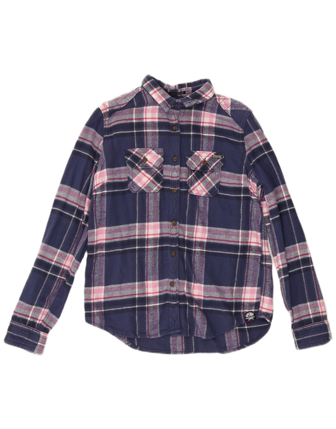 SUPERDRY Womens Flannel Shirt UK 14 Medium Navy Blue Check Cotton